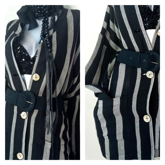 Lagenlook Oversized Pinstripe Asian Girl Wooden Buttons Shacket Relaxed Dress - Picture 6 of 11